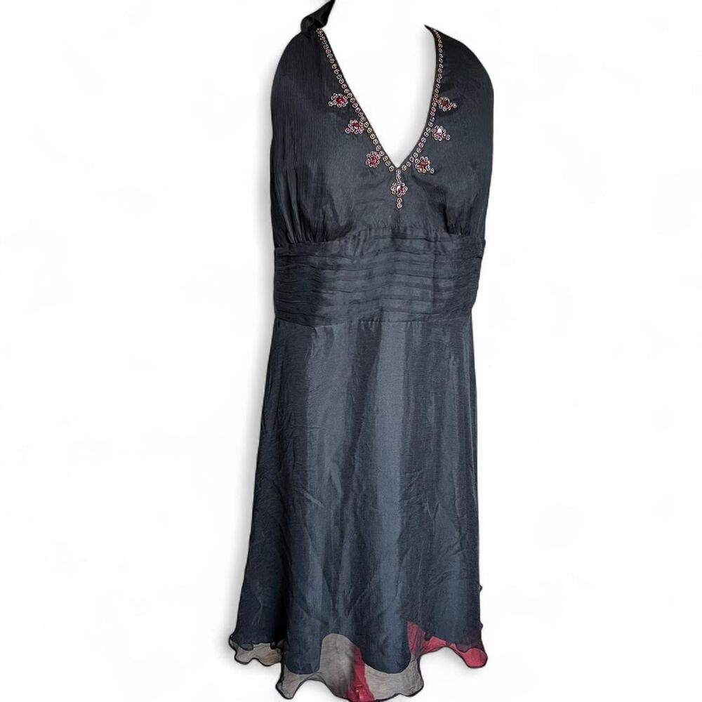Signature by Robbie Bee Beaded Neckline Black Silk Halter Dress Ruched Waist 16W